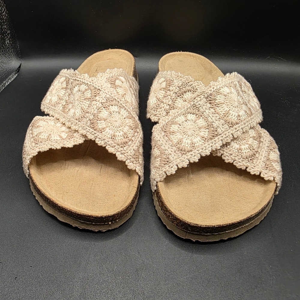 Haute Hippie Crochet Floral Crisscross Slide Sandals Tan Cream Boho Summer 8.5M - Picture 2 of 9